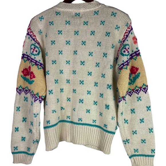 VTG 80s IVY Hand Knit Cardigan Sweater Small Floral Princess Di Cottagecore - Picture 3 of 5